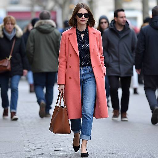 Photograph of a stylish woman in a coral coat, black polka dot blouse, blue jeans, black heels, and sunglasses, walking on a busy