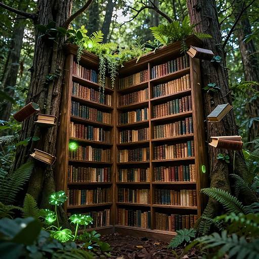 Photograph of a wooden bookshelf filled with books, nestled in a dense forest, illuminated by glowing green mushrooms and ferns.