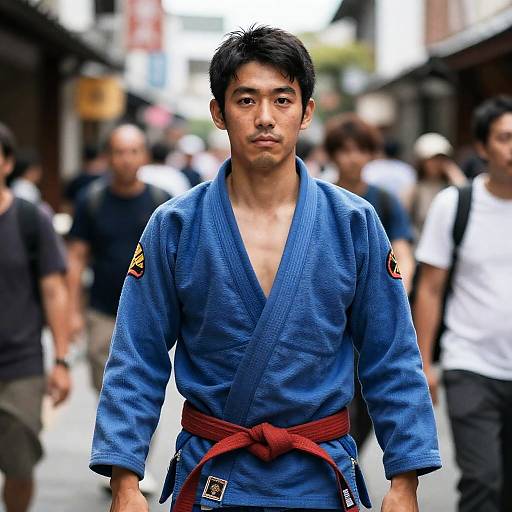 Man in Blue Shirt on Crowded Street