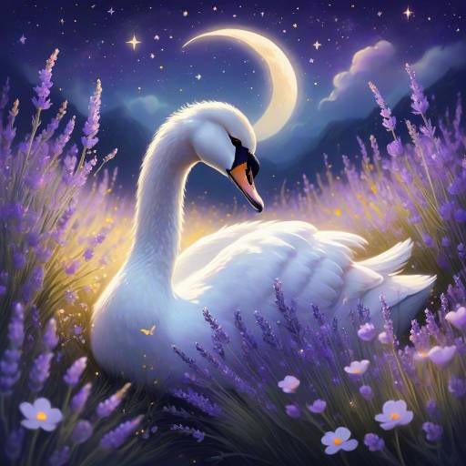 Dreamy Swan in Lavender Field at Night
