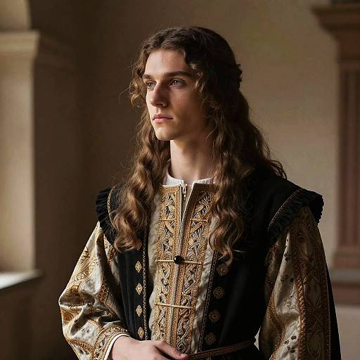 Photograph of a young man with long, wavy brown hair, wearing an ornate, gold-embroidered, black velvet tunic,
