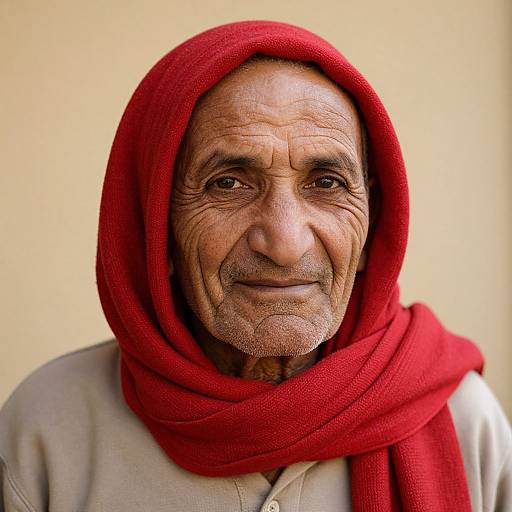 Photograph of an elderly man with deep wrinkles, dark brown eyes, and a warm smile, wearing a vibrant red headscarf and beige shirt against