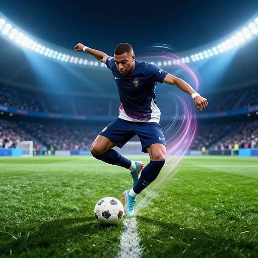 Photograph of a male soccer player in a navy blue uniform, mid-kick, with a dynamic motion blur effect, on a brightly lit stadium field