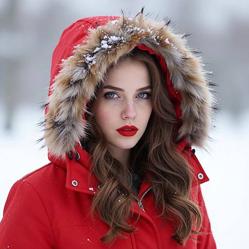 Photograph of a fair-skinned woman with blue eyes, long brown wavy hair, wearing a red hooded coat with fur trim, snowy white