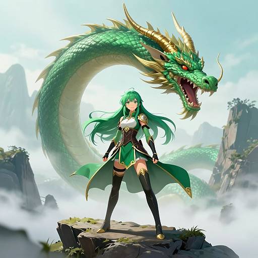 Digital anime art: Green-haired warrior with armored outfit, thigh-high boots, and green cloak stands confidently on rock, with majestic green dragon with gold horns