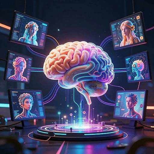 Neon-lit digital artwork of a glowing brain with holographic screens displaying a woman's face in various angles, surrounded by vibrant blue and pink lights