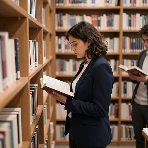 Photograph of a focused brunette woman in a black blazer and white shirt, reading a book in a well-stocked library. Background includes wooden book