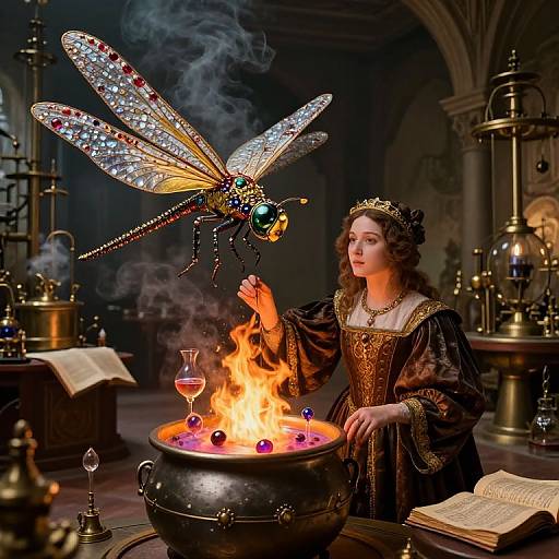 A medieval woman in a regal dress and crown holds a glowing dragonfly above a magical cauldron filled with fire and crystals.