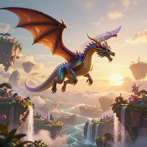 Digital fantasy artwork of a vibrant blue and red dragon soaring over a sunlit, floating island landscape with waterfalls and colorful balloons.