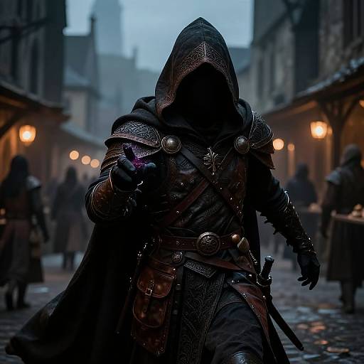 Mysterious, hooded figure in dark, ornate armor casts a spell in a foggy, medieval street with glowing lampposts and blurred