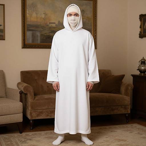 Photograph of a person in a white hooded robe and mask, standing in a living room with brown sofas and framed landscape painting.