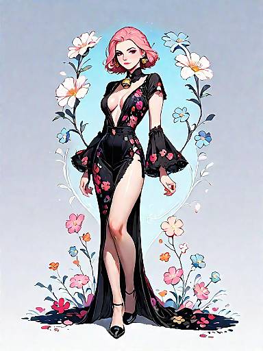 Chic Woman in Black Floral Lace Dress