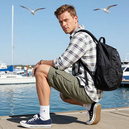 Photograph of a young man with short brown hair, wearing a plaid shirt, olive green cargo shorts, white socks, and black sneakers, squat