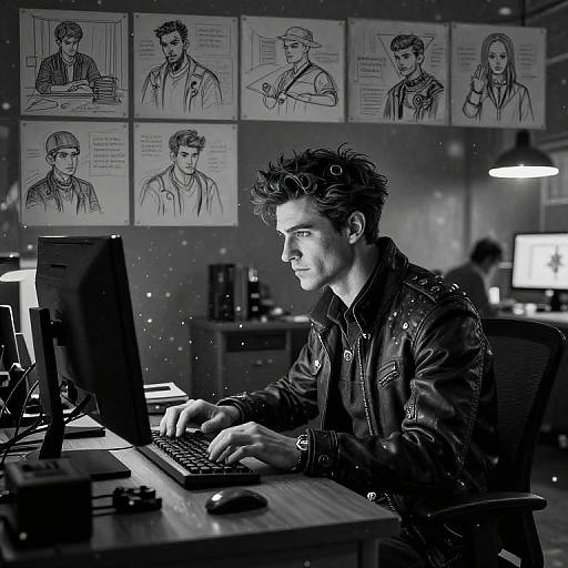 Black-and-white photograph of a young man with spiked hair, wearing a leather jacket, typing on a computer in a dimly lit office, surrounded by