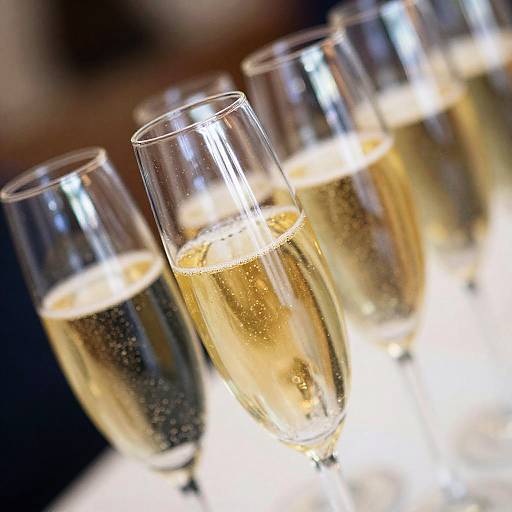 Photograph of six sparkling champagne glasses, filled with golden bubbly, arranged in a diagonal line, illuminated from below.