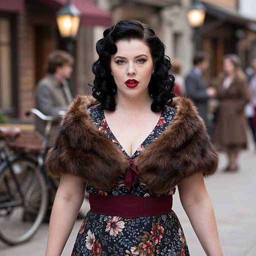 Photograph of a curvy woman with pale skin and black curly hair, wearing a floral dress with a fur stole, standing in a vintage street setting