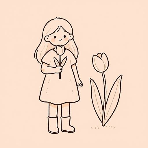 Black and white line drawing of a girl with long hair, wearing a dress and boots, holding a knife, standing next to a tulip plant.