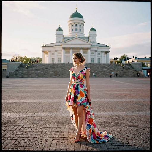 Photograph of a blonde woman in a colorful, flowing dress standing in front of a grand, white domed building at sunset.
