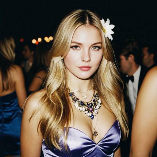 Blonde woman in purple dress with floral necklace