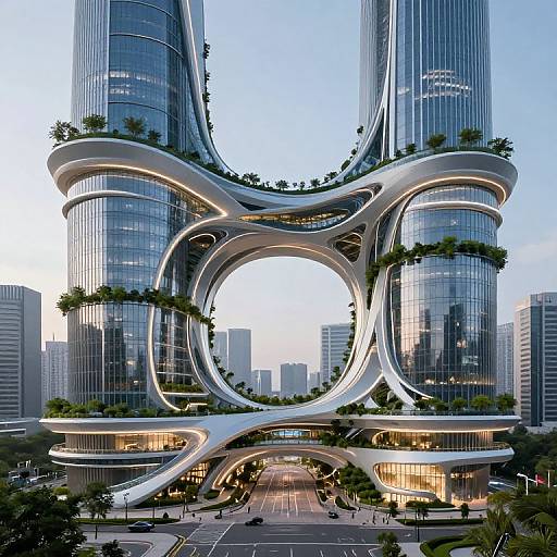 Photograph of futuristic, silver, twisting skyscraper connecting two glass towers in a bustling cityscape, with greenery on architectural curves, illuminated at dusk