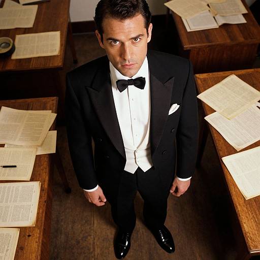 Photograph of a serious, dark-haired man in a black tuxedo and bow tie, standing in a dimly lit room with wooden desks covered