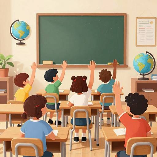 Digital illustration of a diverse classroom with seven children, raising hands, facing a green chalkboard, flanked by globes, in bright, colorful,