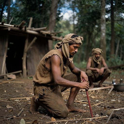 Two Men in Forest with Red Stick