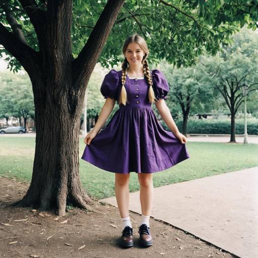 Young Woman in Purple Dress with Twin Braids Outdoors