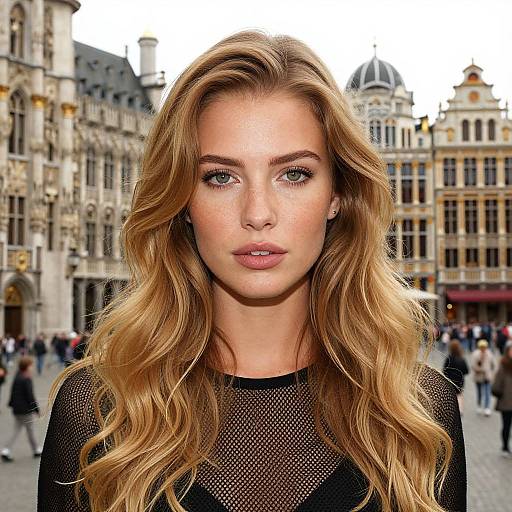 Photograph of a blonde woman with wavy hair, wearing a sheer black top, standing in a busy European city square with historic buildings and people in