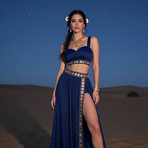 Photograph of a woman with dark hair in a braid, wearing a blue, gold-embellished, midriff-baring dress with