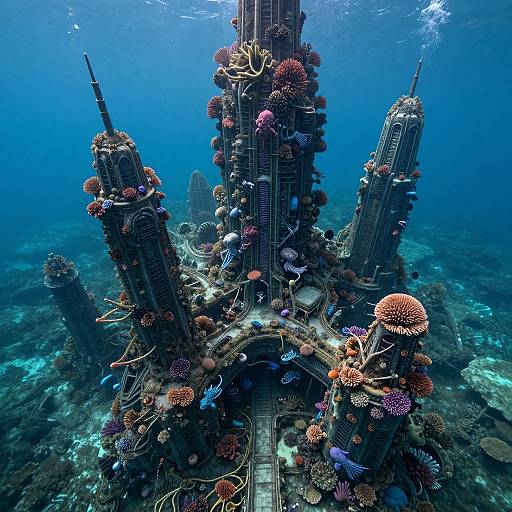Underwater sci-fi cityscape with towering, coral-covered skyscrapers, vibrant corals, and marine life, illuminated by sunlight from above. Digital