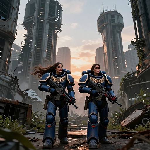 Female Space Marines in Ruined Alien City