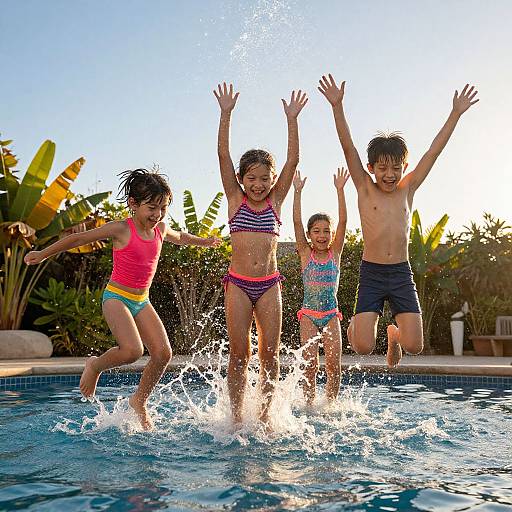 Photograph of four children, two girls and two boys, jumping into a pool with arms raised, splashing water, wearing colorful swimsuits, surrounded
