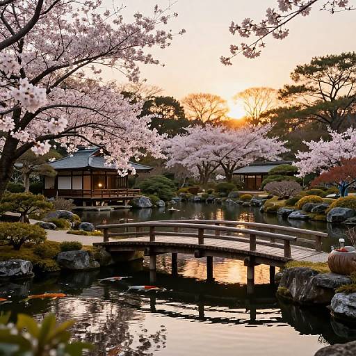 Photograph of a serene Japanese garden at sunset, featuring a wooden bridge over a reflective pond, cherry blossoms, traditional houses, and lush greenery
