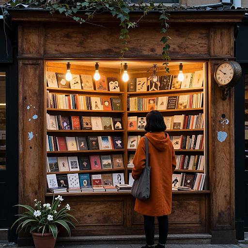 Photograph of a woman in an orange coat browsing a warmly lit, wooden bookshop window filled with various books and photos.