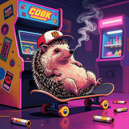 Chill Skateboarding Hedgehog in Neon Arcade