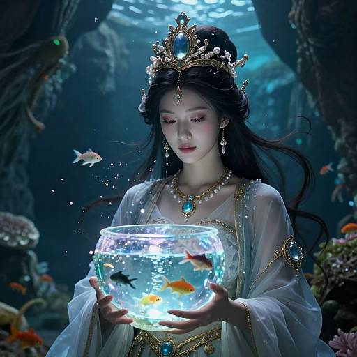 Mythical Goddess with Glowing Crystal Bowl