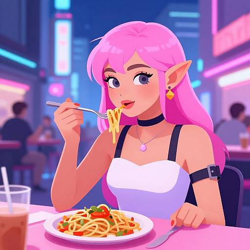 Digital anime-style artwork of a pink-haired, pointy-eared elf girl with large eyes, eating spaghetti in a neon-lit, bustling city restaurant