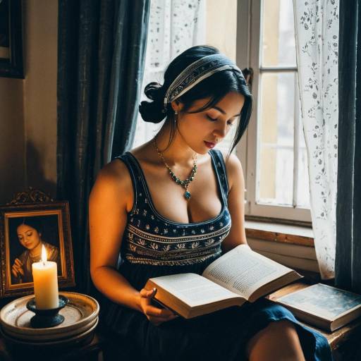 Young woman reading book by window with candlelight