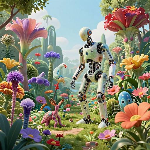 Digital art: Colorful, surreal garden with a white, robotic humanoid standing among vibrant flowers, a small pink creature, and blue yin-yang