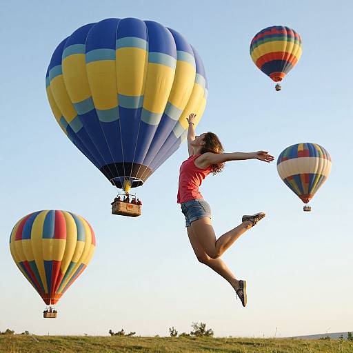 Photograph of a woman in a red tank top and denim shorts joyfully jumping while four colorful hot air balloons soar in a clear blue sky.