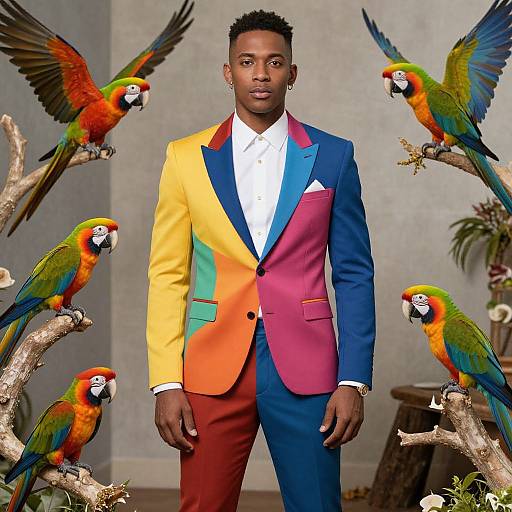 Photograph of a Black man in a colorful, multicolored suit (yellow, pink, blue, red) standing between flying parrots on branches