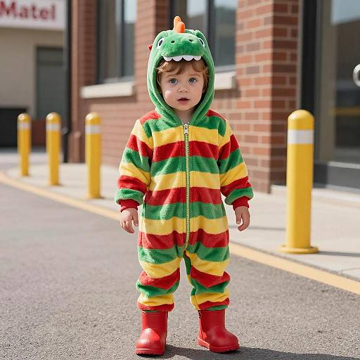 Photograph of a curious toddler with blue eyes, wearing a colorful striped dinosaur onesie, red boots, standing on a sunny street, with yellow b
