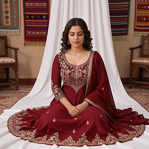 Photograph of a South Asian woman with dark curly hair, wearing a deep red embroidered traditional dress, seated cross-legged on a white drapery,