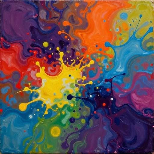 Vibrant abstract painting with swirling, colorful splashes of red, yellow, blue, green, and purple. Bold, dynamic, and energetic textures