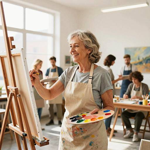Photograph of an older woman with gray hair, smiling, painting on an easel in a bright, sunlit art studio, wearing a white apr