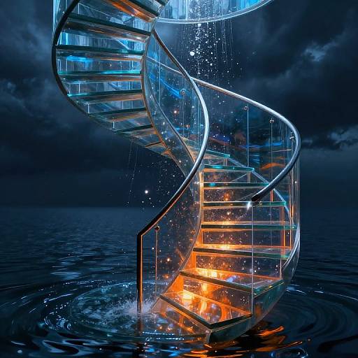 Digital art: Illuminated glass spiral staircase submerged in dark, reflective water, glowing blue and orange lights, futuristic, ethereal ambiance.