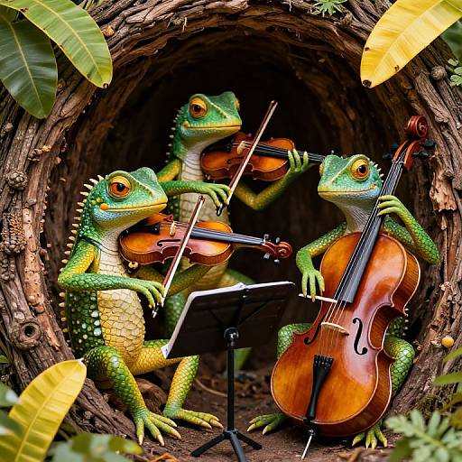 Photograph of three green, yellow-spotted geckos playing violins and a cello, standing in a wooden nest with lush leaves.