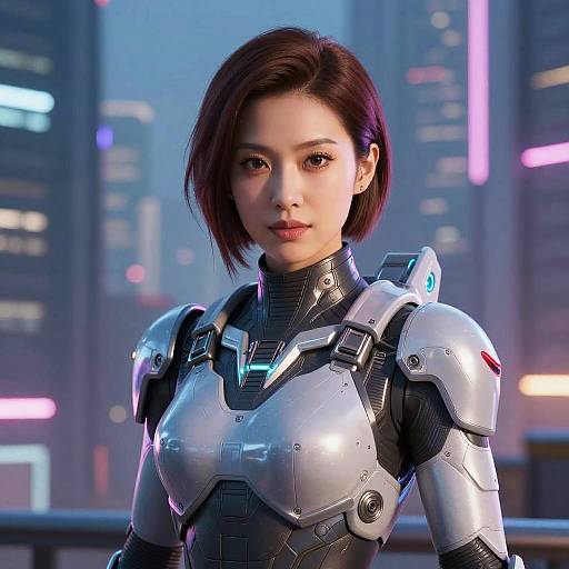 CGI image of an Asian woman with short brown hair in futuristic silver and black armor, standing in a neon-lit cityscape.