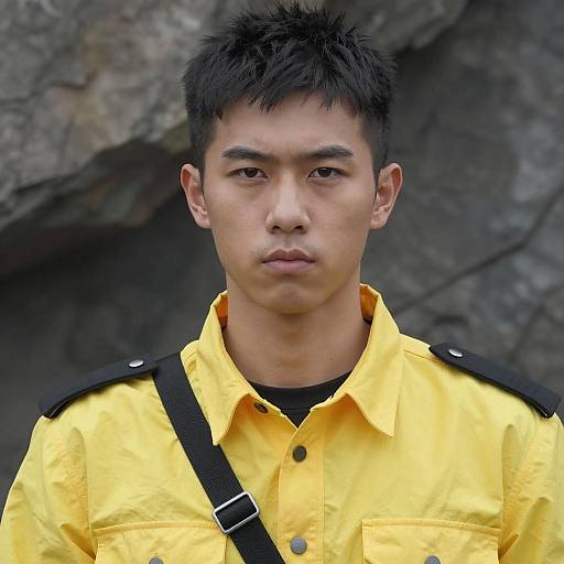 Young Asian Man in Yellow Military-Style Shirt